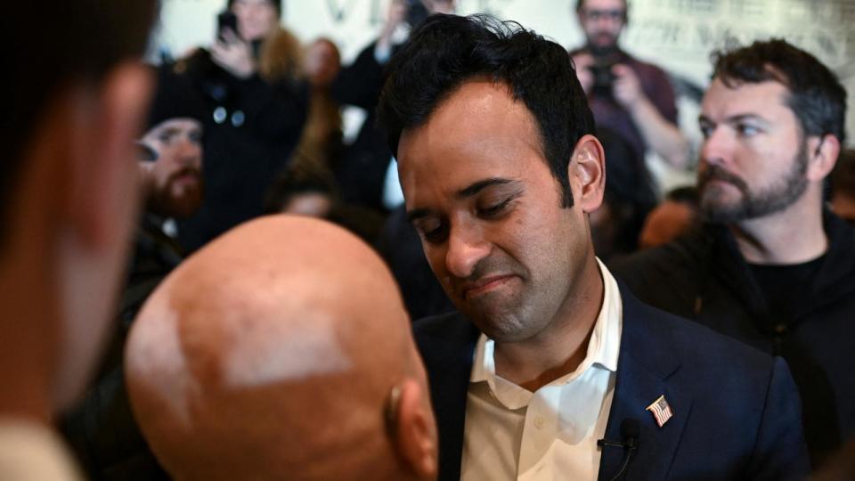 PHOTO: Republican presidential candidate and businessman Vivek Ramaswamy attends his Iowa caucus night watch party after suspending his campaign in Des Moines, Iowa, Jan. 15, 2024.  (Sergio Flores/Reuters)