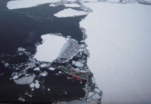 The Russian fishing boat Sparta is shown stranded in the Antarctic about 2,000 nautical miles southeast of New Zealand. More water pumps will be rushed to the crew of the stricken Russian fishing boat as they battle to stay afloat while waiting for rescue ships to arrive, officials said Tuesday