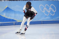 Erin Jackson of the United States reacts after her heat in the speedskating women's 500-meter race at the 2022 Winter Olympics, Sunday, Feb. 13, 2022, in Beijing. (AP Photo/Sue Ogrocki)