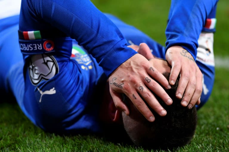 Italy's Marco Verratti holds his head during a World Cup 2018 qualification match against Sweden in Solna,Sweden on November 10, 2017