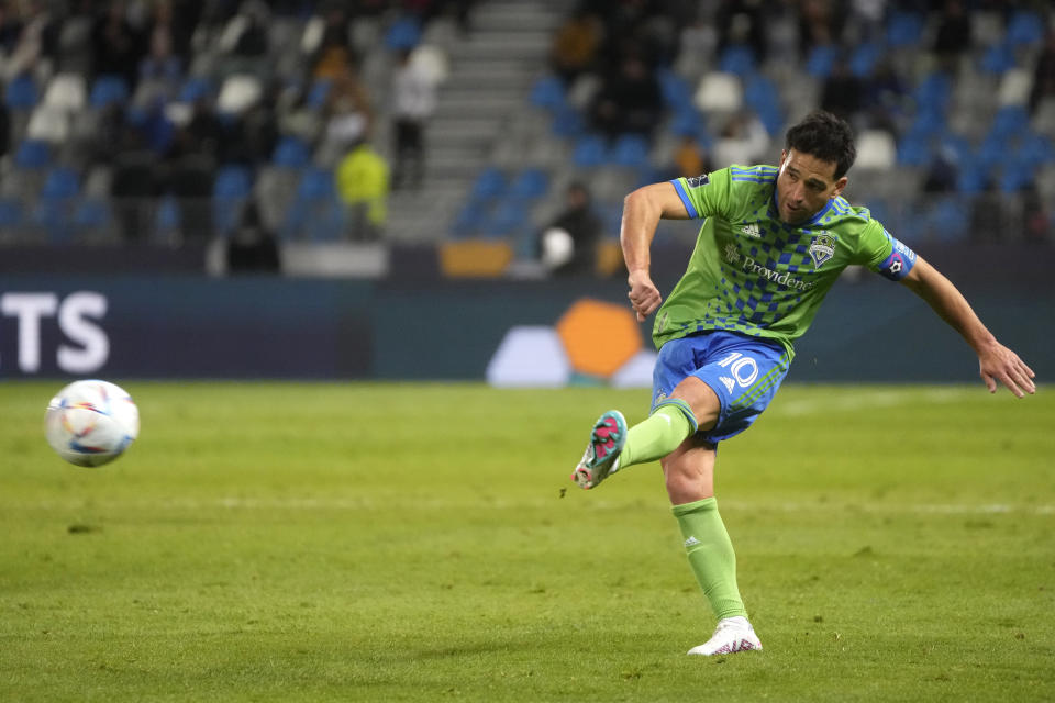 Nicolas Lodeiro, of Seattle Sounders FC, kicks the ball during the FIFA Club World Cup soccer match between Seattle Sounders FC and Al Ahly FC in Tangier, Morocco, Saturday, Feb. 4, 2023. (AP Photo/Mosa'ab Elshamy)
