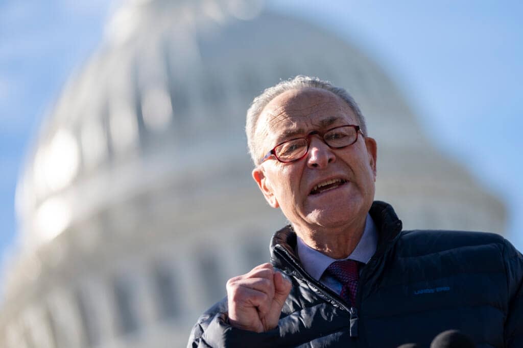 Senate Majority Leader Chuck Schumer (D-NY) speaks during a press conference about student debt outside the U.S. Capitol on February 4, 2021 in Washington, DC. (Photo by Drew Angerer/Getty Images)