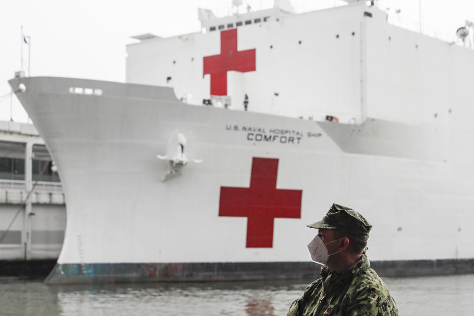 The USNS Naval Hospital Ship Comfort is prepared to depart via the Husdon River, Thursday, April 30, 2020, in the Manhattan borough of New York. (AP Photo/John Minchillo)