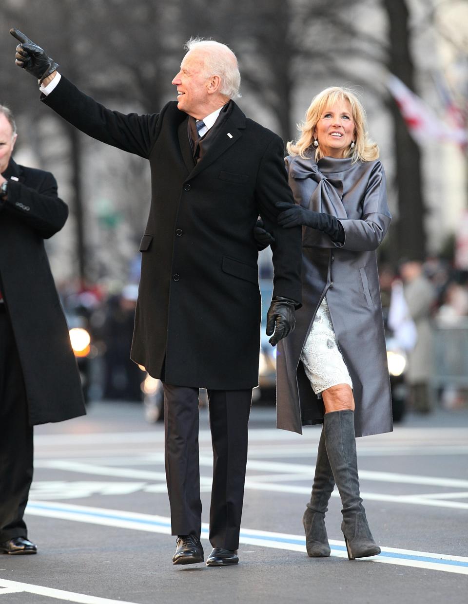 Vice President Joe Biden and second lady Jill Biden walk down Pennsylvania Avenue during the inaugural parade on Jan. 21, 2013.