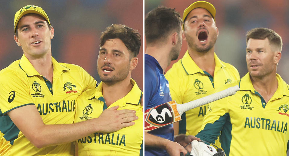 Pictured right, Australia players sledging an England batter during their World Cup match.