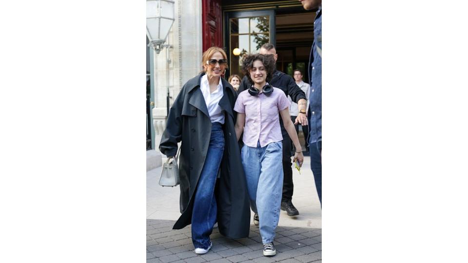 Jennifer Lopez and Emme MuÃ±iz are seen leaving their hotel on May 9, 2024 in Paris, France. (Photo by MEGA/GC Images)