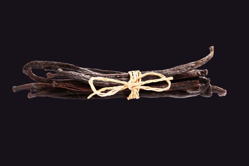 A bundle of dried vanilla on a black background