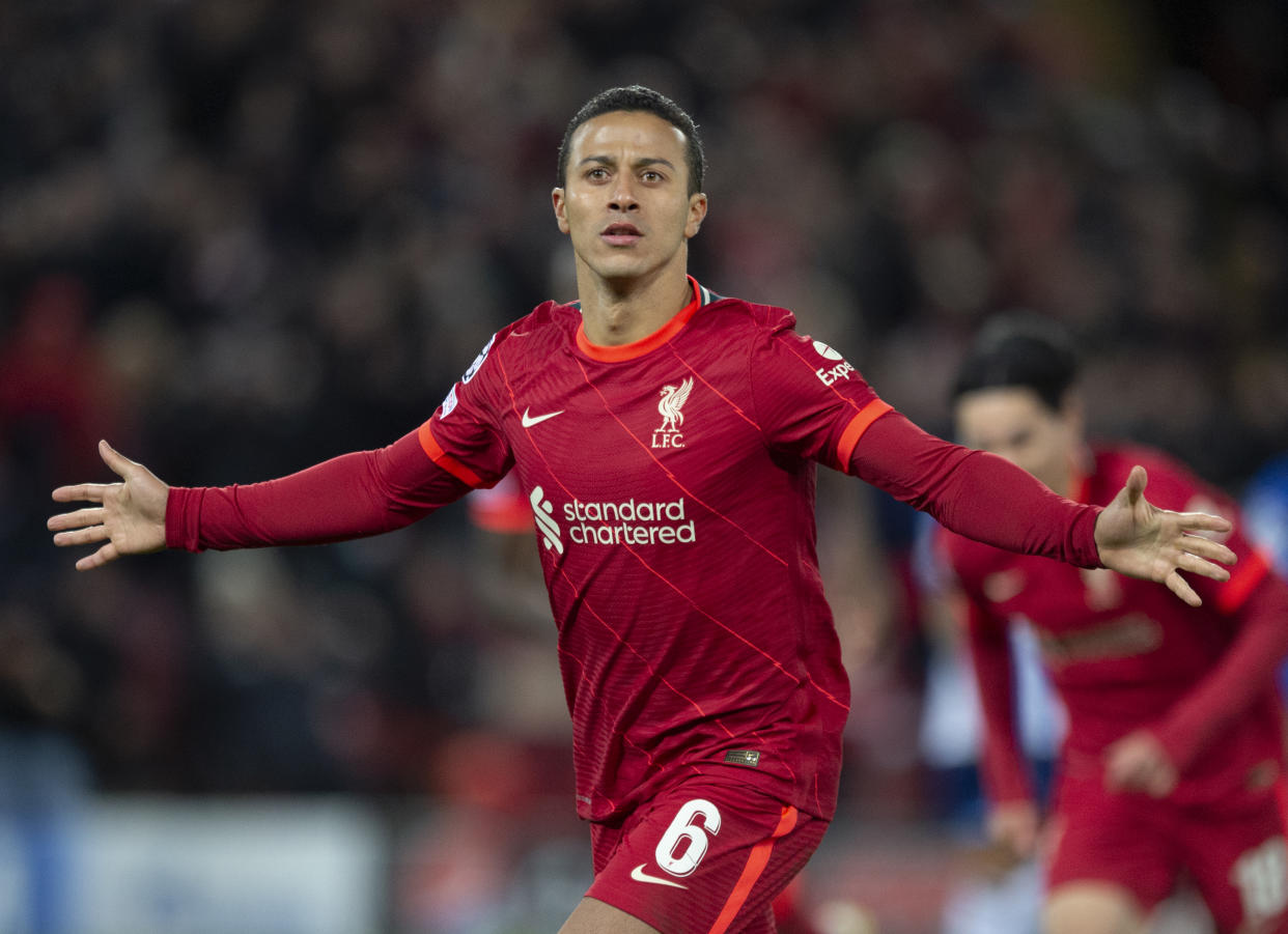 LIVERPOOL, ENGLAND - NOVEMBER 24: Thiago of Liverpool celebrates to fans after scoring their team's first goal during the UEFA Champions League group B match between Liverpool FC and FC Porto at Anfield on November 24, 2021 in Liverpool, United Kingdom. (Photo by Joe Prior/Visionhaus)