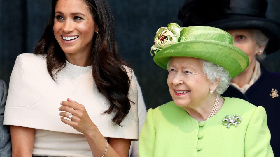 Meghan, Duchess of Sussex and Queen Elizabeth II attend a ceremony to open the new Mersey Gateway Bridge on June 14, 2018 in Widnes, England. 