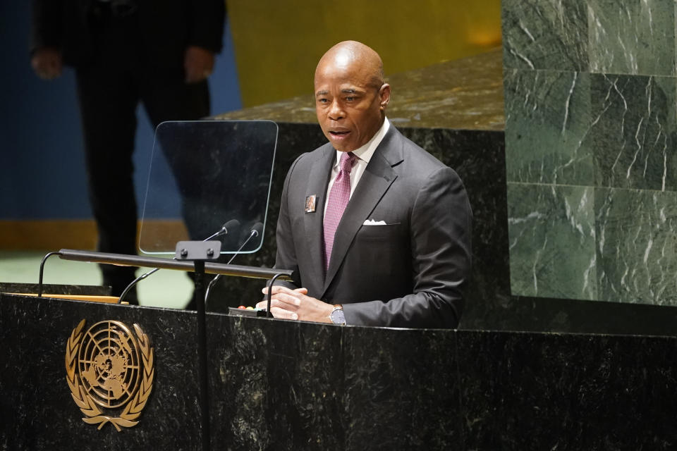 New York City Mayor Eric Adams addresses the U.N. General Assembly at its annual celebration of Nelson Mandela International Day, Monday, July 18, 2022, at United Nations headquarters. (AP Photo/John Minchillo)