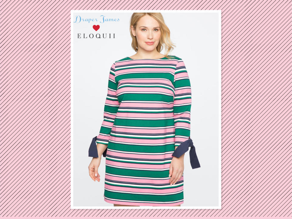 <p>Draper James for Eloquii striped tie-sleeve dress, $145, <a rel="nofollow noopener" href="http://www.eloquii.com/draper-james-for-eloquii-striped-tie-sleeve-dress/1246046.html?cgid=draper-james&start=1&dwvar_1246046_colorCode=33" target="_blank" data-ylk="slk:Eloquii;elm:context_link;itc:0;sec:content-canvas" class="link ">Eloquii</a> (currently waitlist only) (Photo: Eloquii) </p>