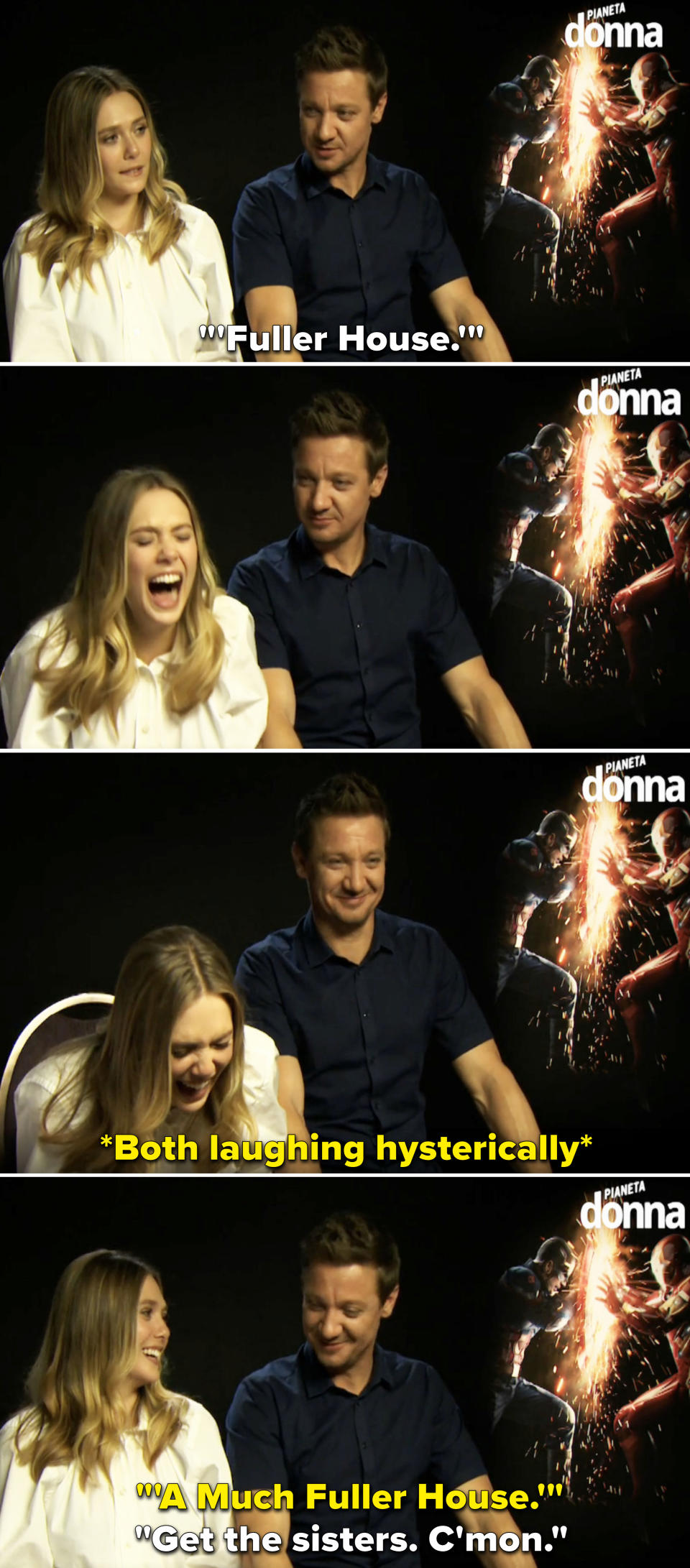 Elizabeth Olsen and Jeremy Renner during an interview.