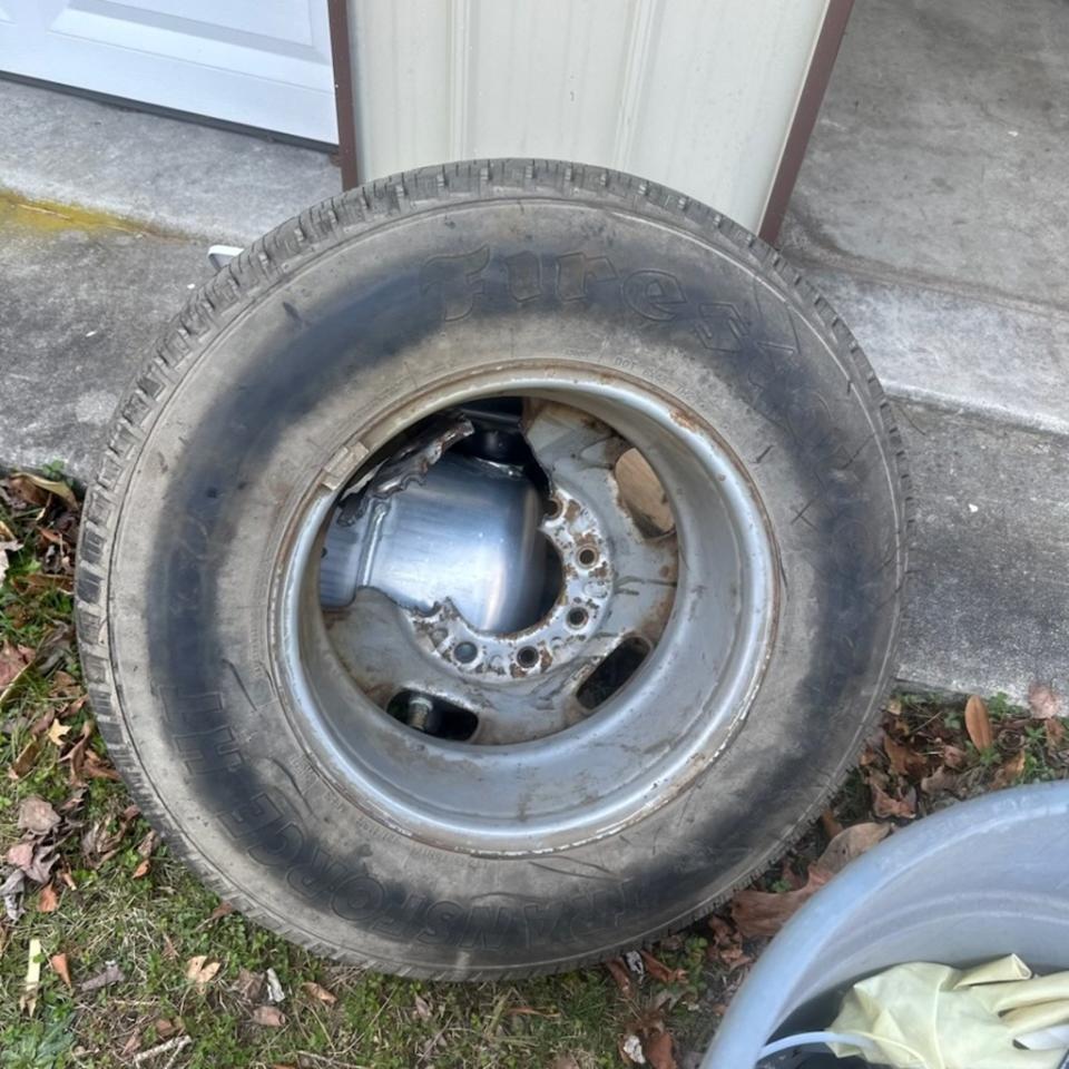 Around one-third of the wheel barring was cut off to allow the dog enough room to wiggle her way out, photos show. Franklinville Volunteer Fire Company