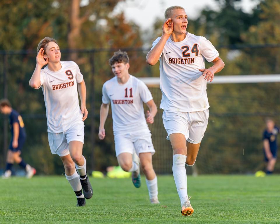 Brighton's Colin Robertson (24) celebrates the first of his two goals during a 3-0 victory over Hartland Monday, Aug. 28, 2023.