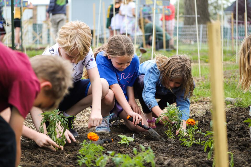 Megan and Dan EisenVos, owners of the new nonprofit IronFox Farm, started a program with third- and fourth-graders from Eugene Field A+ Elementary where they teach the students about gardening. The students planted vegetables on the IronFox lot in Sioux Falls on Tuesday, May 17.