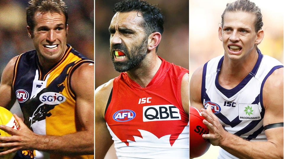 Chris Judd, Adam Goodes and Nat Fyfe are pictured in a split image.