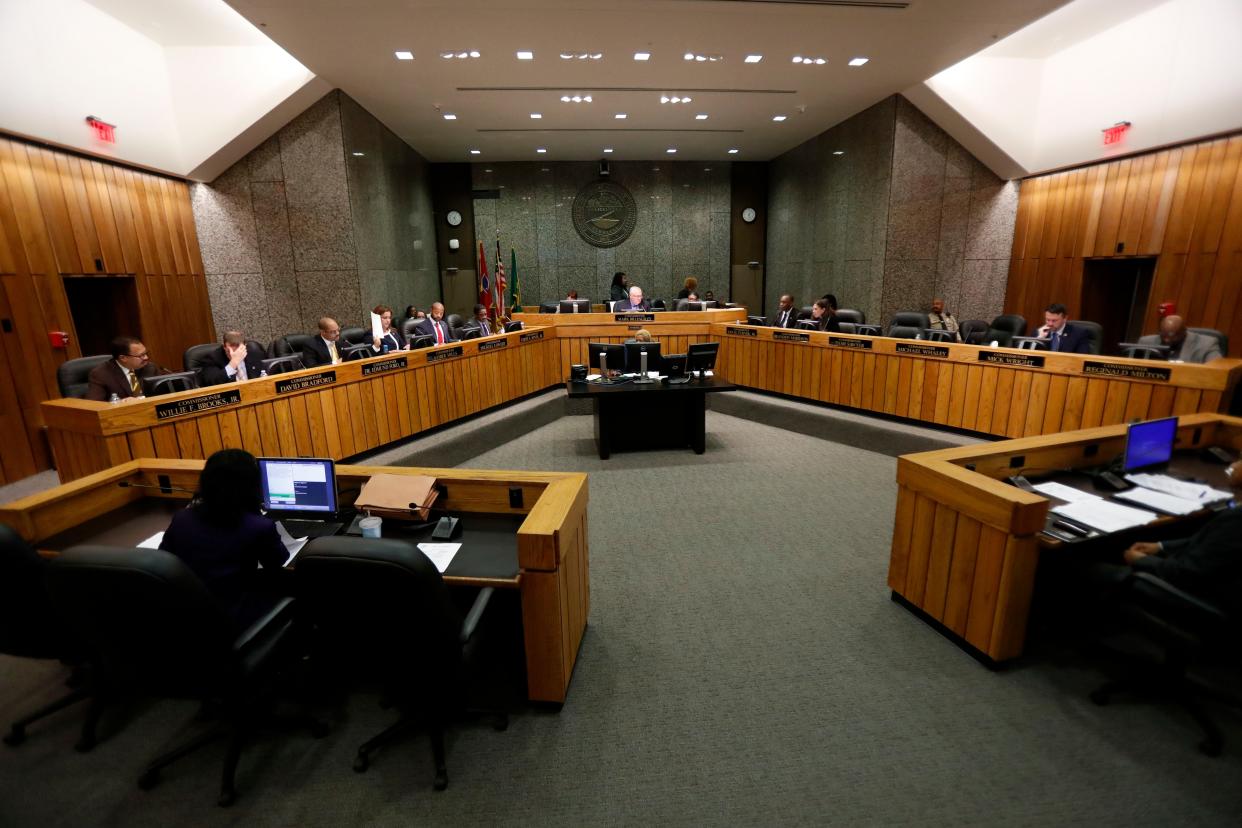 Commissioners talk Monday, Nov. 4, 2019, during a Shelby County Commission meeting at the Vasco A. Smith, Jr. County Administration Building in downtown Memphis.