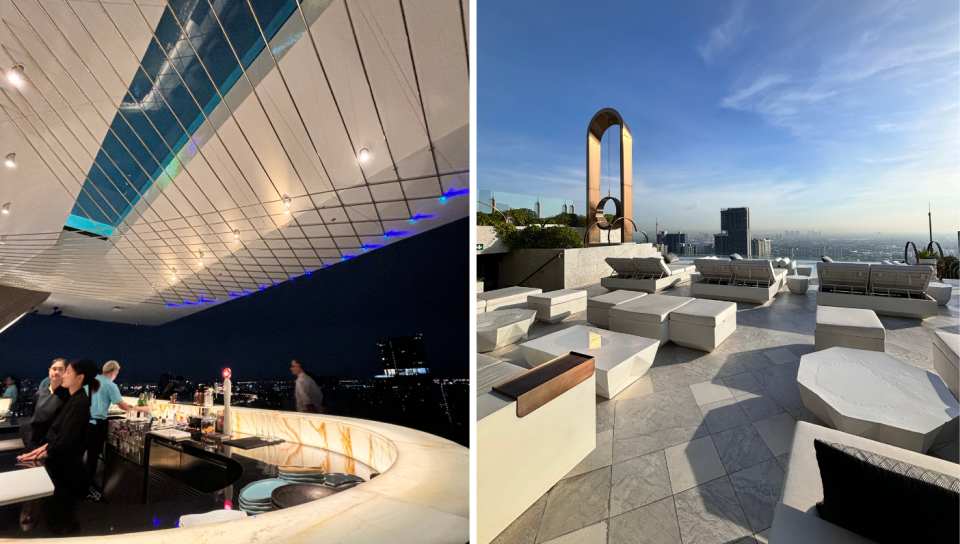 L: Bar at Luz with a fishtank swimming pool above. R: The view from the Rooftop with X in the background. (Photo: Stephanie Zheng)