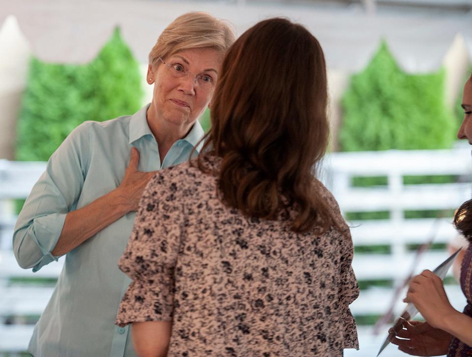 U.S. Sen. Elizabeth Warren speaks with supporters at a rally at Belkin Family Lookout Farm in Natick, Aug. 24, 2022.