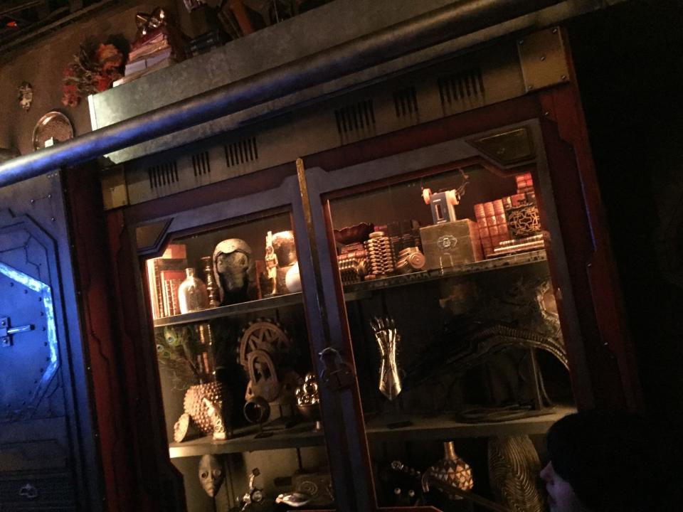 <p>When he captured the Guardians, Tivan added Peter Quill’s vintage Walkman (upper right shelf) to the collection of relics in his private study. Fortunately for Star-Lord (and Mission: Breakout!’s soundtrack), Rocket makes sure not to leave the music player behind. (Photo: Marcus Errico/Yahoo Movies) </p>