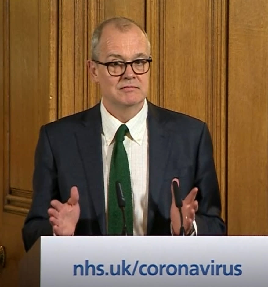 A screen-grab of Chief Scientific Adviser Sir Patrick Vallance speaking at a media briefing in Downing Street, London, on Coronavirus (COVID-19) after he had taken part in the governmentÍs COBRA meeting. Picture date: Monday March 16, 2020. See PA story HEALTH Coronavirus. Photo credit should read: PA Video/PA Wire (Photo by PA Video/PA Images via Getty Images)