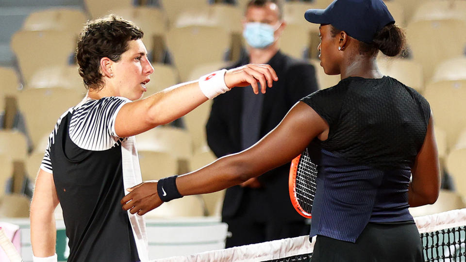 Carla Suarez Navarro and Sloane Stephens, pictured here after their match at the French Open.