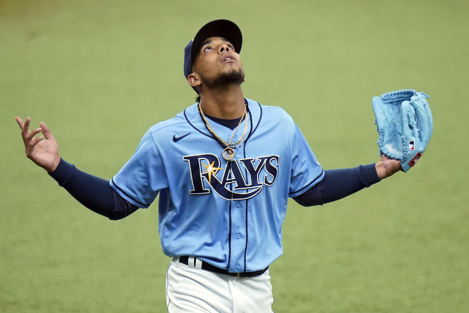 Tampa Bay Rays opening pitcher Luis Patino reacts as he is relieved by manager Kevin Cash during the third inning of a baseball game against the Toronto Blue Jays Sunday, April 25, 2021, in St. Petersburg, Fla. (AP Photo/Chris O'Meara)