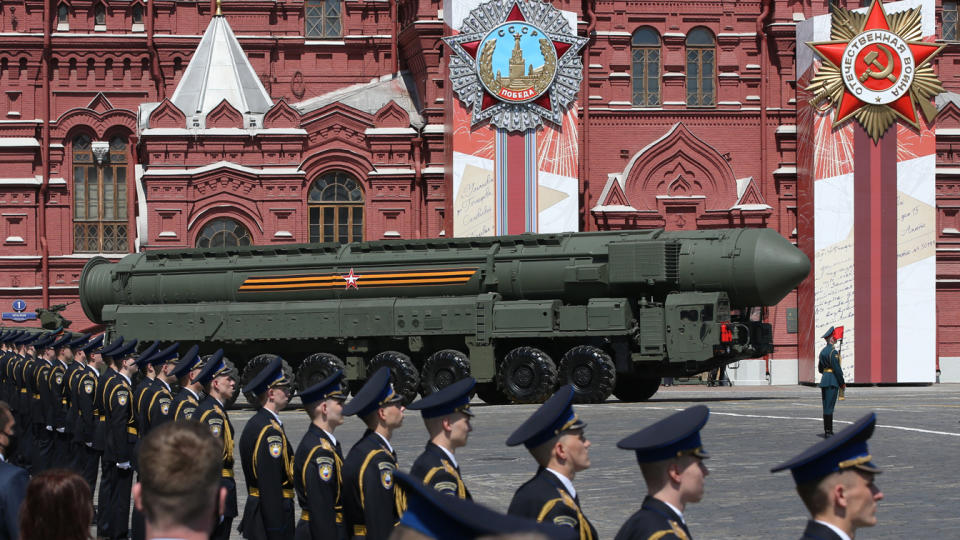 A Russian nuclear missile and soldiers in dress uniform are seen in Red Square, Moscow.