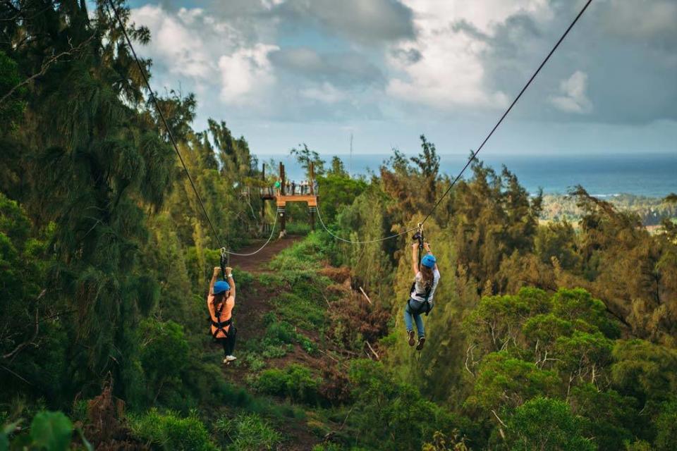 At Keana Farms, riders fly on eight ziplines, one spanning almost half of a mile.