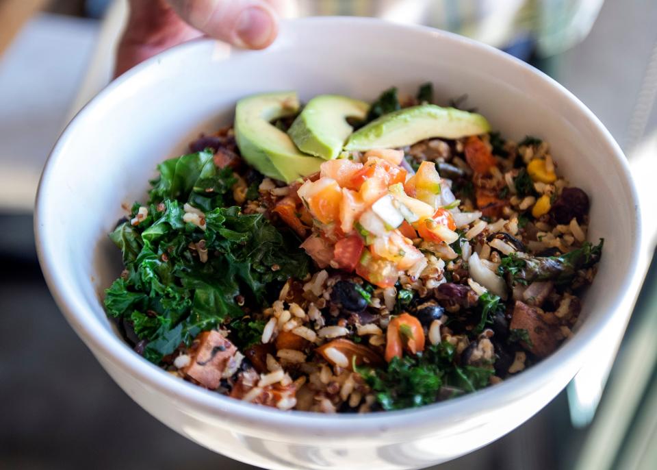 An El Goodo hearty bowl made with sliced avocado, diced Roma tomatoes, Serrano peppers, cilantro, yellow onion, pressed garlic, lemon, black and kidney beans, roasted sweet potatoes, kale, sweet corn, grilled red onions and bell peppers is available at City Silo Table + Pantry.