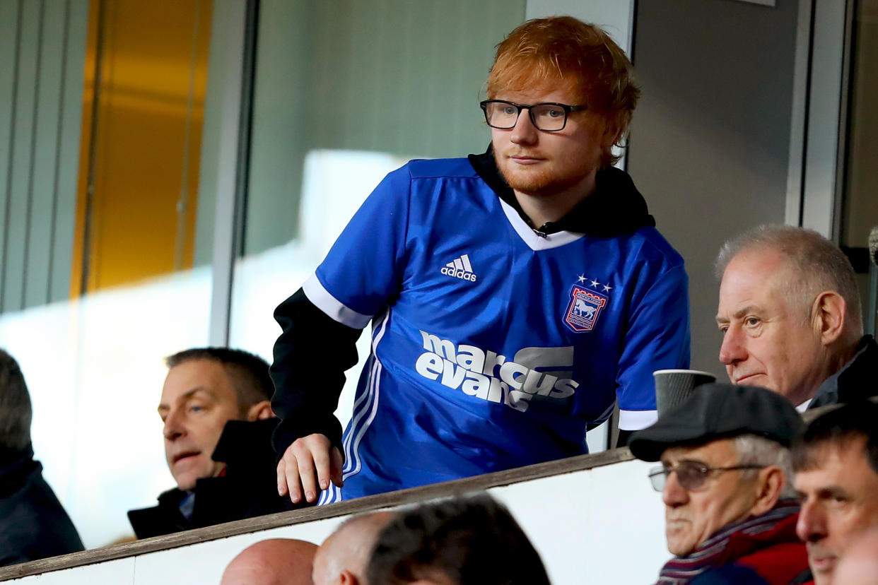 IPSWICH, ENGLAND - DECEMBER 22: Musician Ed Sheeran watches his team, Ipswich Town during the Sky Bet Championship match between Ipswich Town and Sheffield United at Portman Road on December 22, 2018 in Ipswich, United Kingdom. (Photo by Richard Calver/Getty Images)