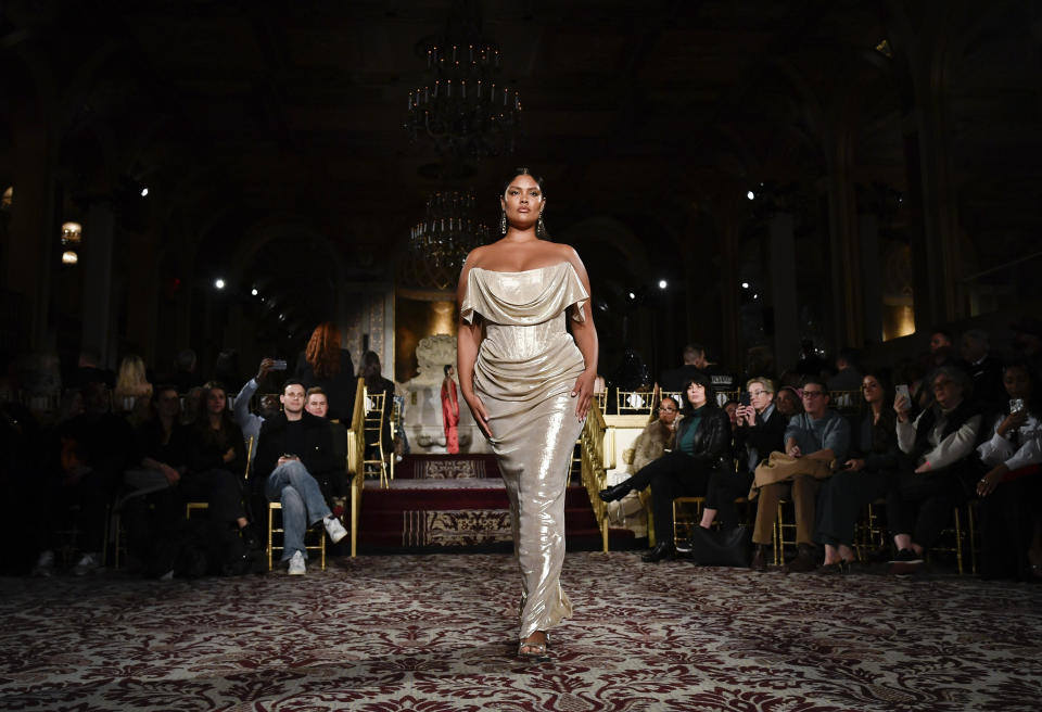 A model walks the runway during the Christian Siriano Fall/Winter 2024 fashion show at The Plaza Hotel during New York Fashion Week on Thursday, Feb. 8, 2024, in New York. (Photo by Evan Agostini/Invision/AP)