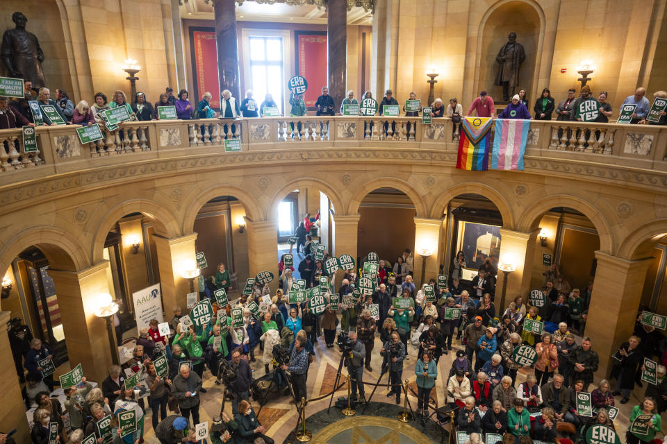 Crowds gather in the rotunda of the Minnesota State Capitol for a rally for the ERA on the first day of 2024 Minnesota Legislature session on Monday, Feb. 12, 2024 in St. Paul, Minn. (Renée Jones Schneider/Star Tribune via AP)