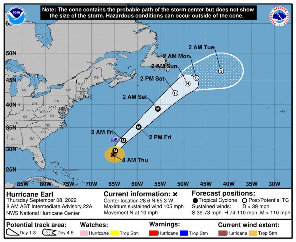 Earl continuará fortaleciéndose y podría transformarse en un “peligroso” huracán de categoría 4 con vientos de entre 130 a 156 mph (209-251 km/h). NOAA