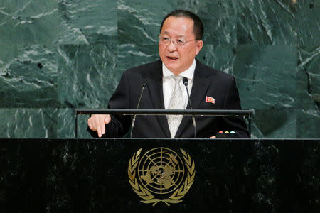 North Korean Foreign Minister Ri Yong-ho addresses the 72nd United Nations General Assembly at U.N. headquarters in New York, U.S., September 23, 2017. REUTERS/Eduardo Munoz