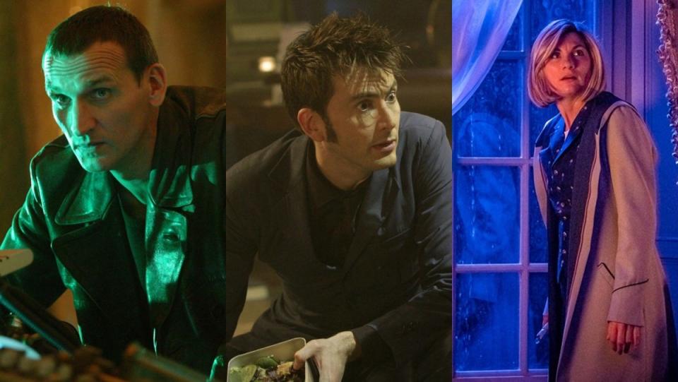 split image of doctor who episodes that are essential with ninth tenth and thirteenth doctor