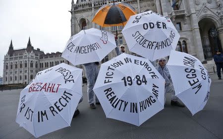 People take part in a protest against the government of Hungary's Prime Minister Viktor Orban outside parliament in central Budapest February 1, 2015. REUTERS/Laszlo Balogh