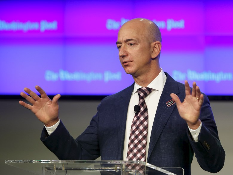 Jeff Bezos, owner of The Washington Post, delivers remarks at the grand opening of the Washington Post newsroom in Washington January 28, 2016.  REUTERS/Gary Cameron 