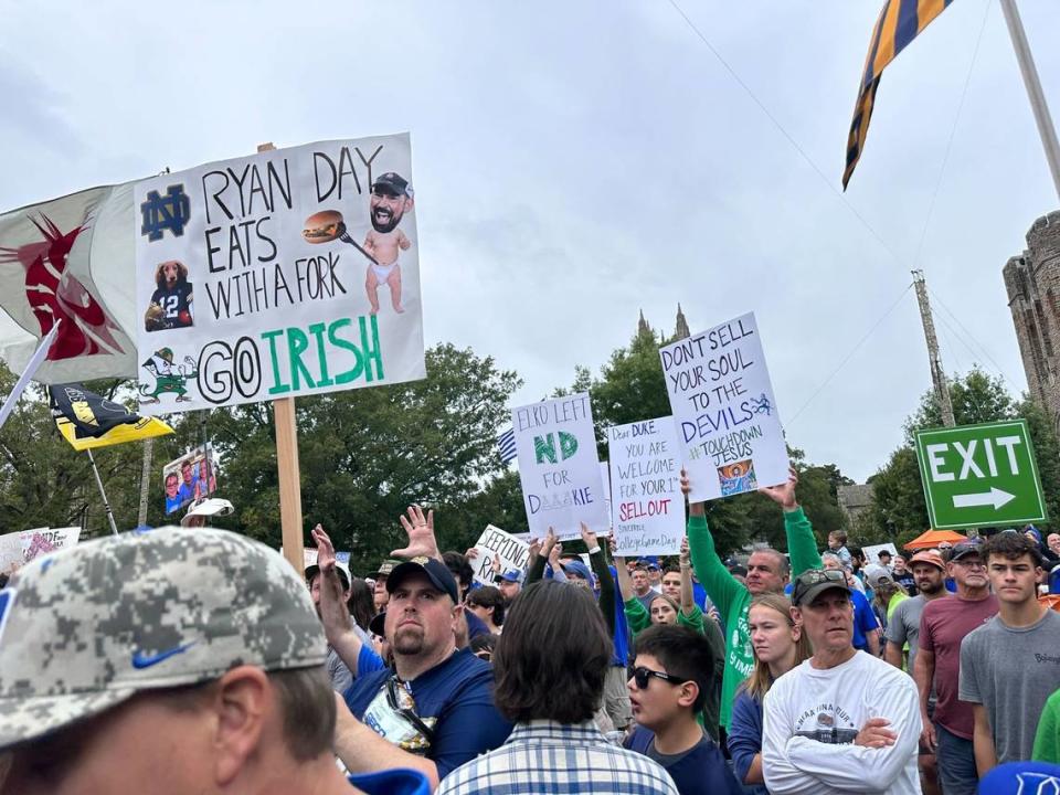 Signs from College Football Gameday before Duke hosts Notre Dame.