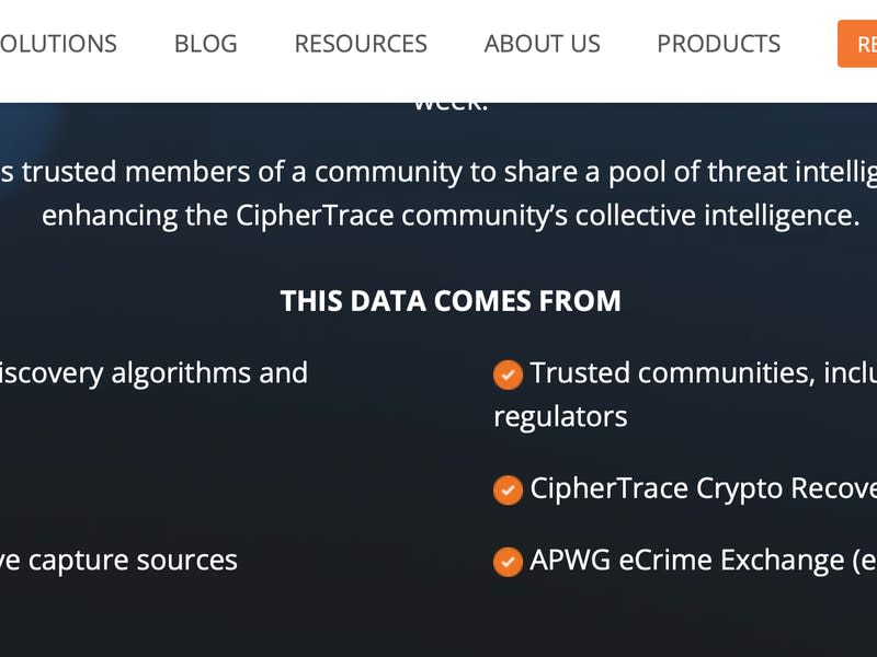 Screengrab of CipherTrace website, Jan. 27, 2021