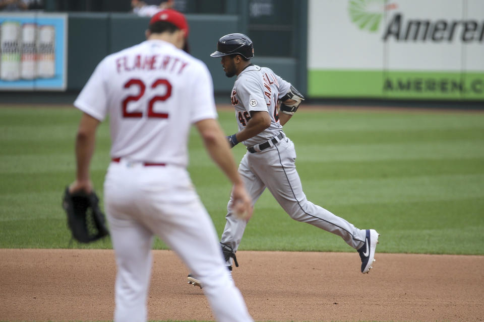 St. Louis Cardinals starting pitcher Jack Flaherty (22) pauses on the mound as Detroit Tigers' Jeimer Candelario runs the bases after hitting a two-run home run during the fourth inning in the first game of a baseball doubleheader Thursday, Sept. 10, 2020, in St. Louis. (AP Photo/Scott Kane)