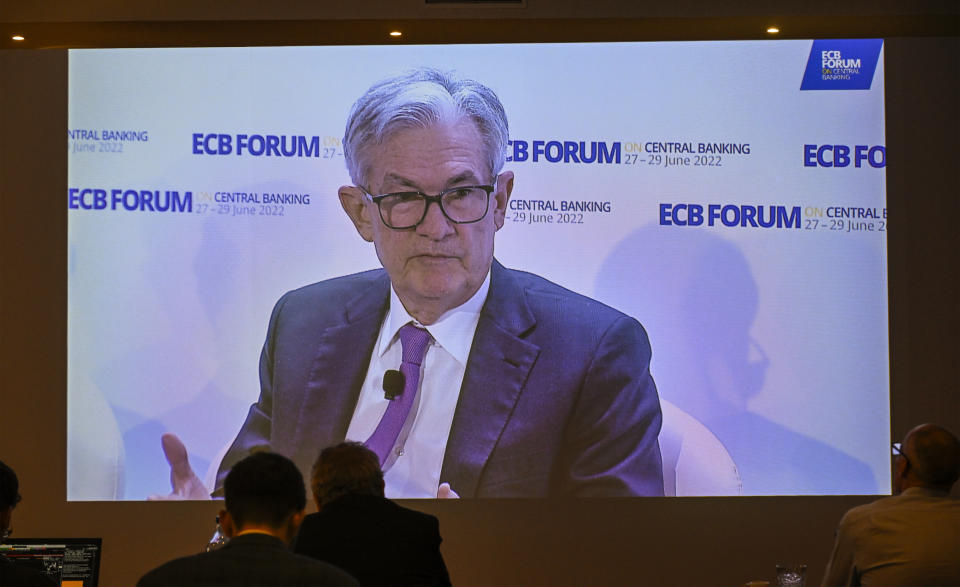 SINTRA, PORTUGAL - JUNE 29: Journalists follow onscreen the remarks of Jerome Powell, Chair of the Federal Reserve of the United States, in the afternoon panel during the closing day of the 2022 European Central Bank Forum on Central Banking on June 29, 2022, in Sintra, Portugal. The European Central Bank hosts its annual Forum on Central Banking from 27-29 June 2022. after a two-year hiatus due to COVID-19 pandemic. This year the Forum addresses the challenges for monetary policy in a rapidly changing world. (Photo by Horacio Villalobos#Corbis/Corbis via Getty Images)