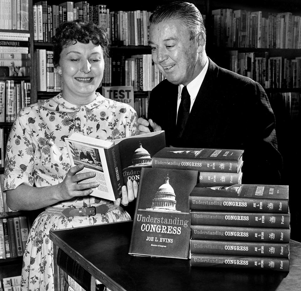 U.S. Rep. Joe L. Evins, right, of Smithville, autographs his recently published book, “Understanding Congress,” for Mrs. Gerry Wells at the Zibart’s bookstore in downtown Nashville July 29, 1963. Evins, a member of Congress since 1947, discusses the legislative process, congressmen, their constituents and the White House in the work, published July 25 by a New York firm.