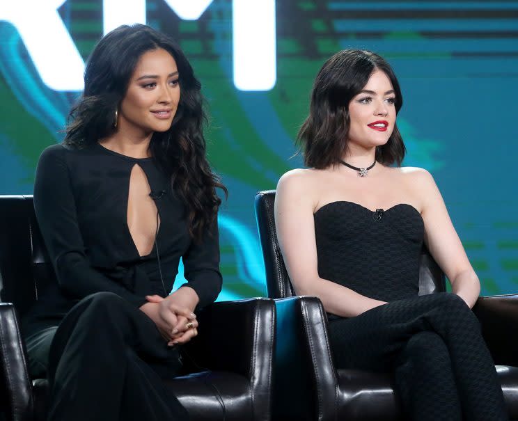 Shay Mitchell and Lucy Hale speak onstage during the Disney-ABC portion of the 2017 Winter Television Critics Association Press Tour. Photo: Frederick M. Brown/Getty Images