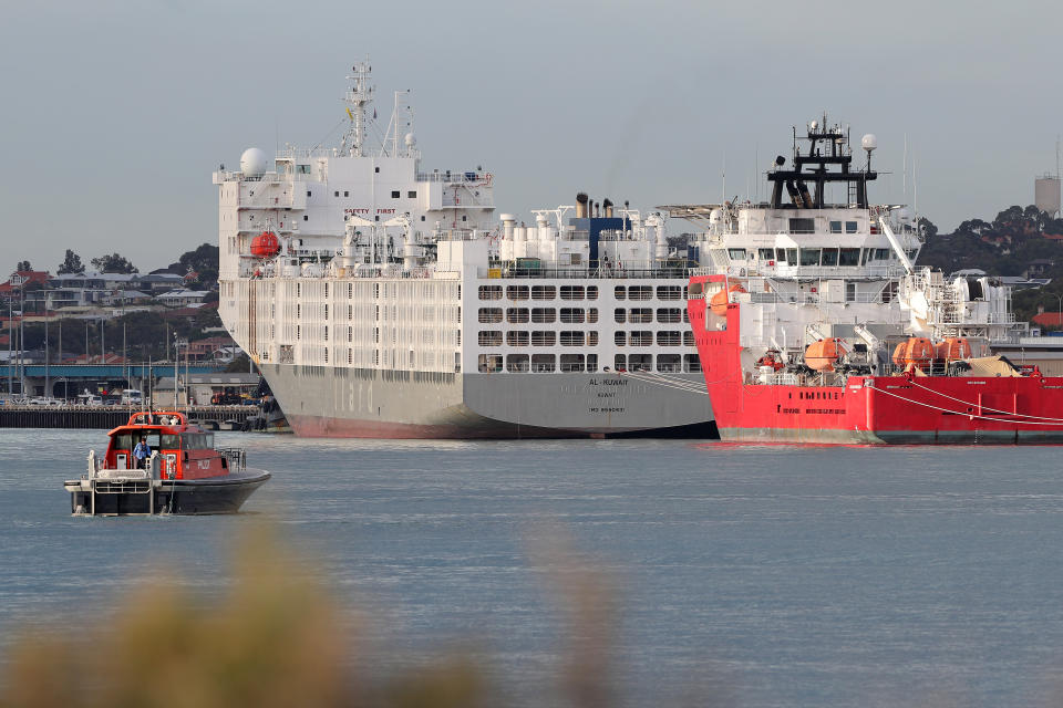 A general view of the Al Kuwait, a live export ship docked in Fremantle harbour on Tuesday, May 26, 2020. The ship arrived in Fremantle from the United Arab Emirates last Friday and six crew members have tested positive for coronavirus. They have been moved off the ship to a Perth hotel for quarantine. (AAP Image/Richard Wainwright) NO ARCHIVING