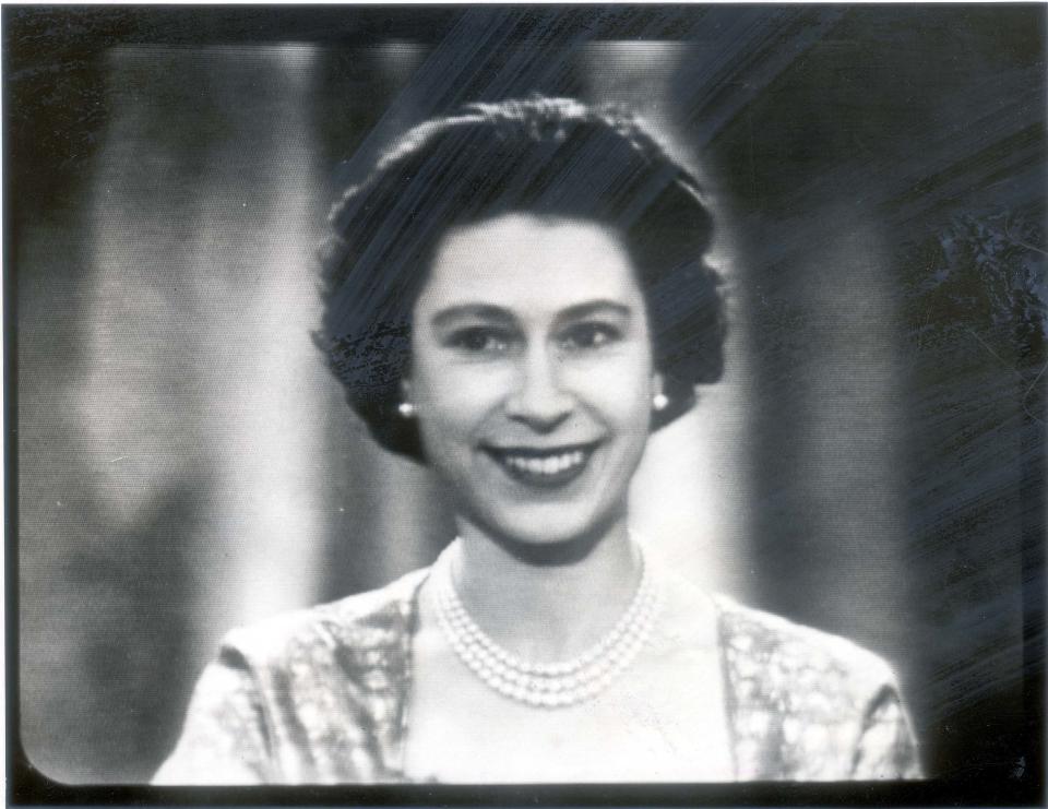 The Queen pictures after her first televised Christmas Day message in 1957 [Photo: Rex]