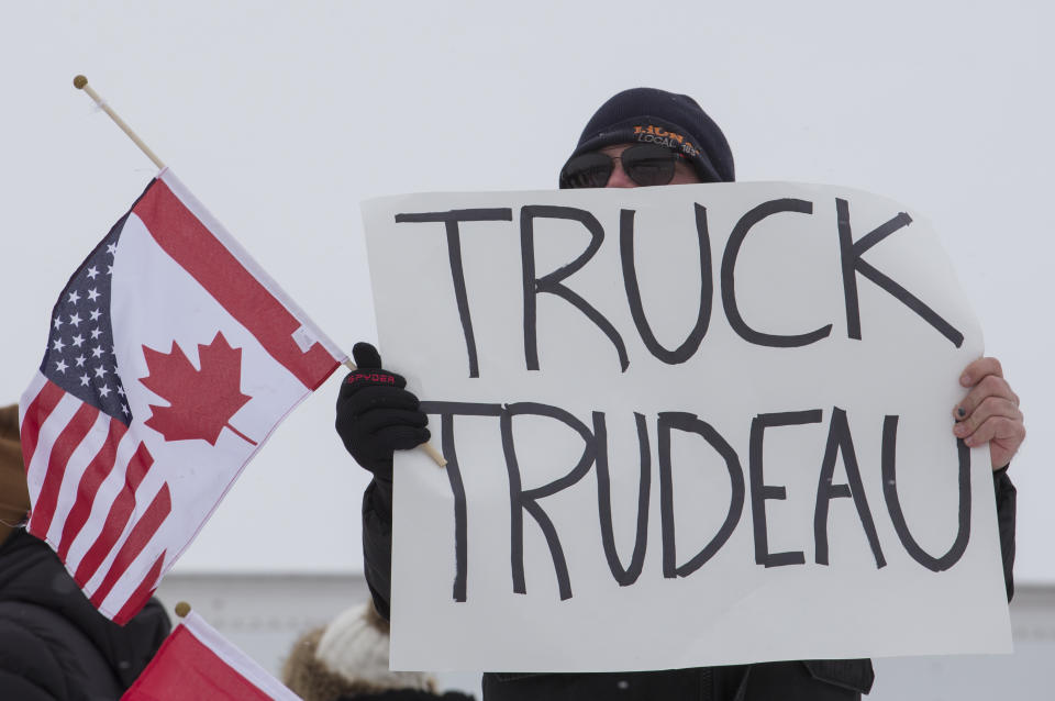 VAUGHAN, ON - JANUARY 27: The Freedom Rally made its way through the GTA today with a stop at Vaughan Mills Mall parking lot to pick up supplies and be greeted by hundreds of supporters. The convoy itself doesnt appear to be more than 15-20 trucks with personal vehicles also joining the travels. CORONAPD  Toronto Star/Rick Madonik        (Rick Madonik/Toronto Star via Getty Images)