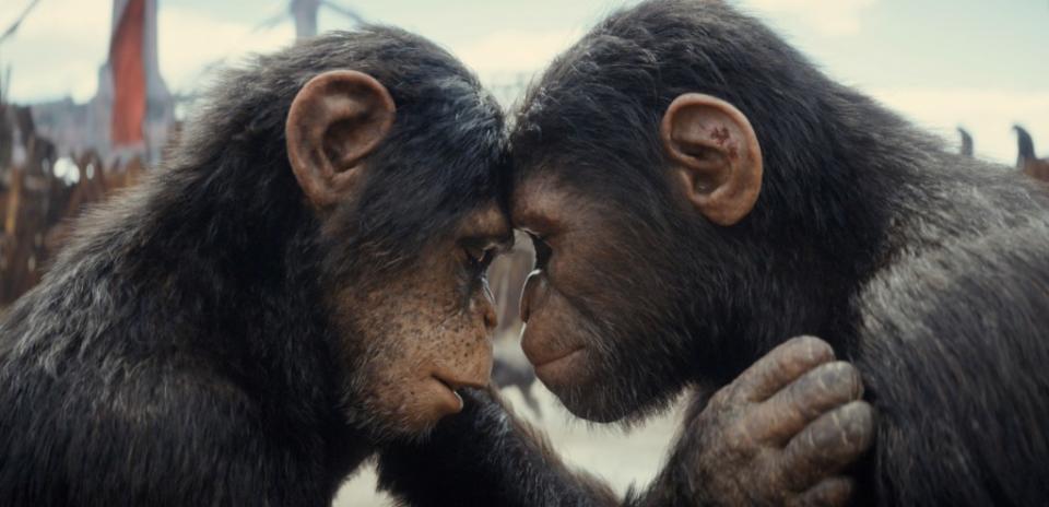 Noa (Owen Teague, right) seeks out to rescue his clan in “Kingdom of the Planet of the Apes.” AP