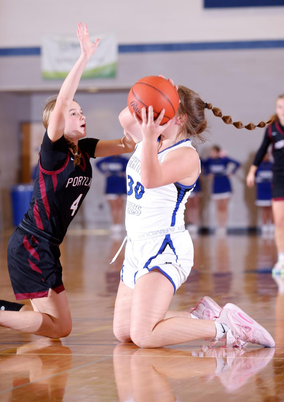 Bath's Aubrie Schaibly, right, and Portland's Bella Spitzley vie for the ball, Tuesday, Nov. 29, 2022, in Bath.