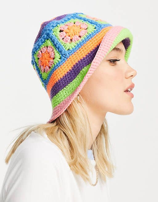 9) ASOS DESIGN crochet bucket hat in bright multi colors